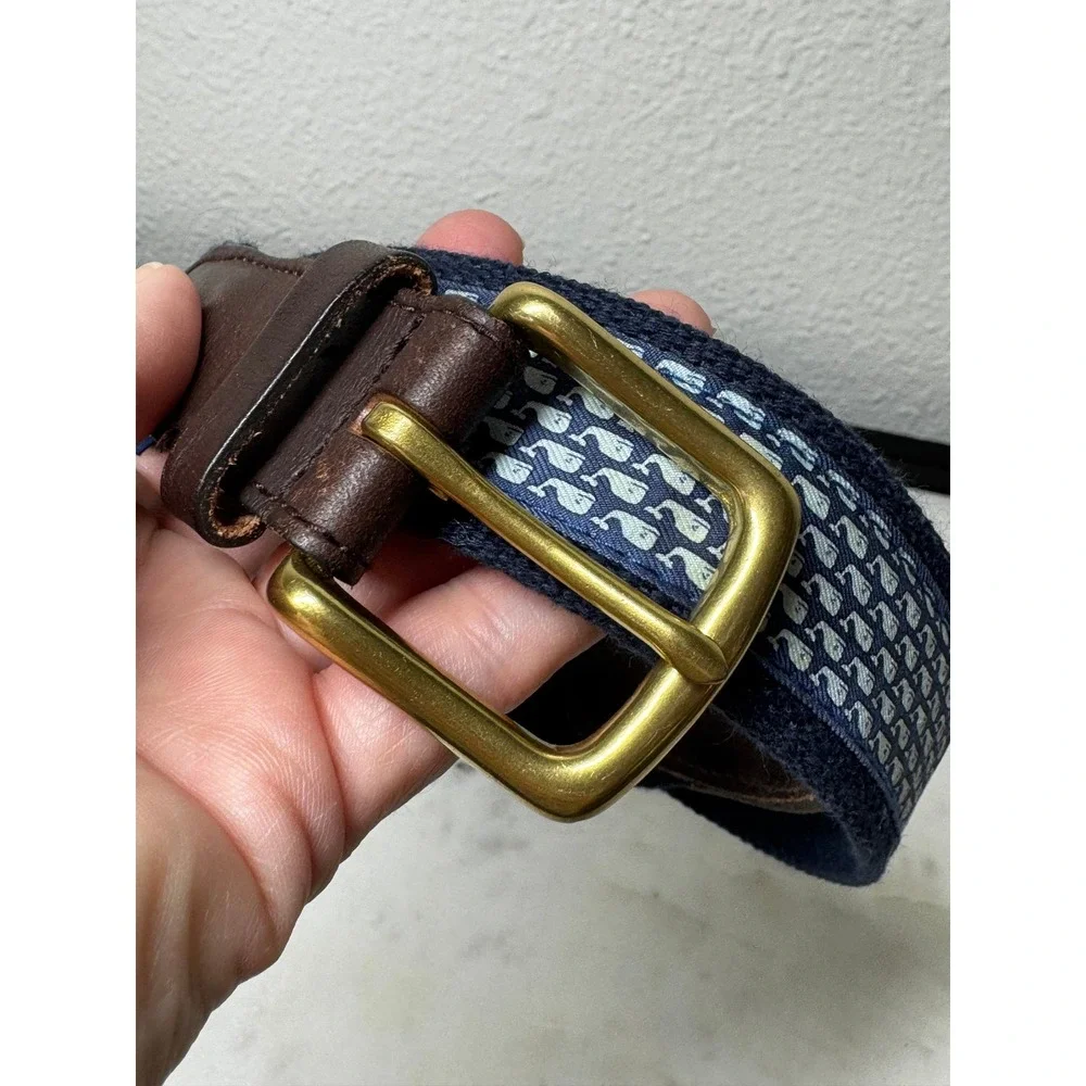 Vineyard Vines Belt Mens 32 Navy Whale Logo Canvas Leather Coastal Preppy Boat